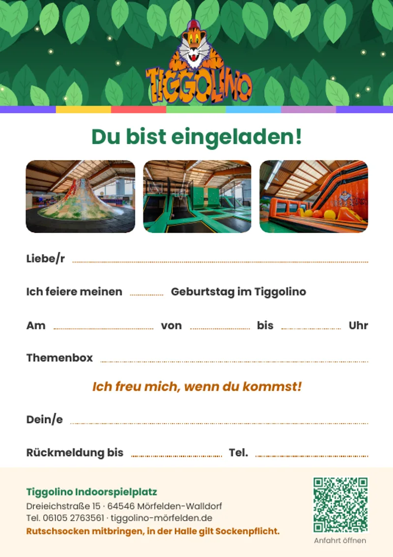 Einladungskarte für den Kindergeburtstag im Tiggolino, Vorlage zum Ausdrucken